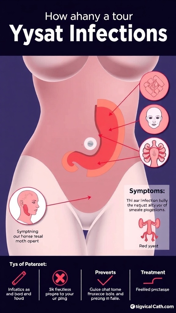 An educational illustration of the belly area indicating yeast infection symptoms and care tips.